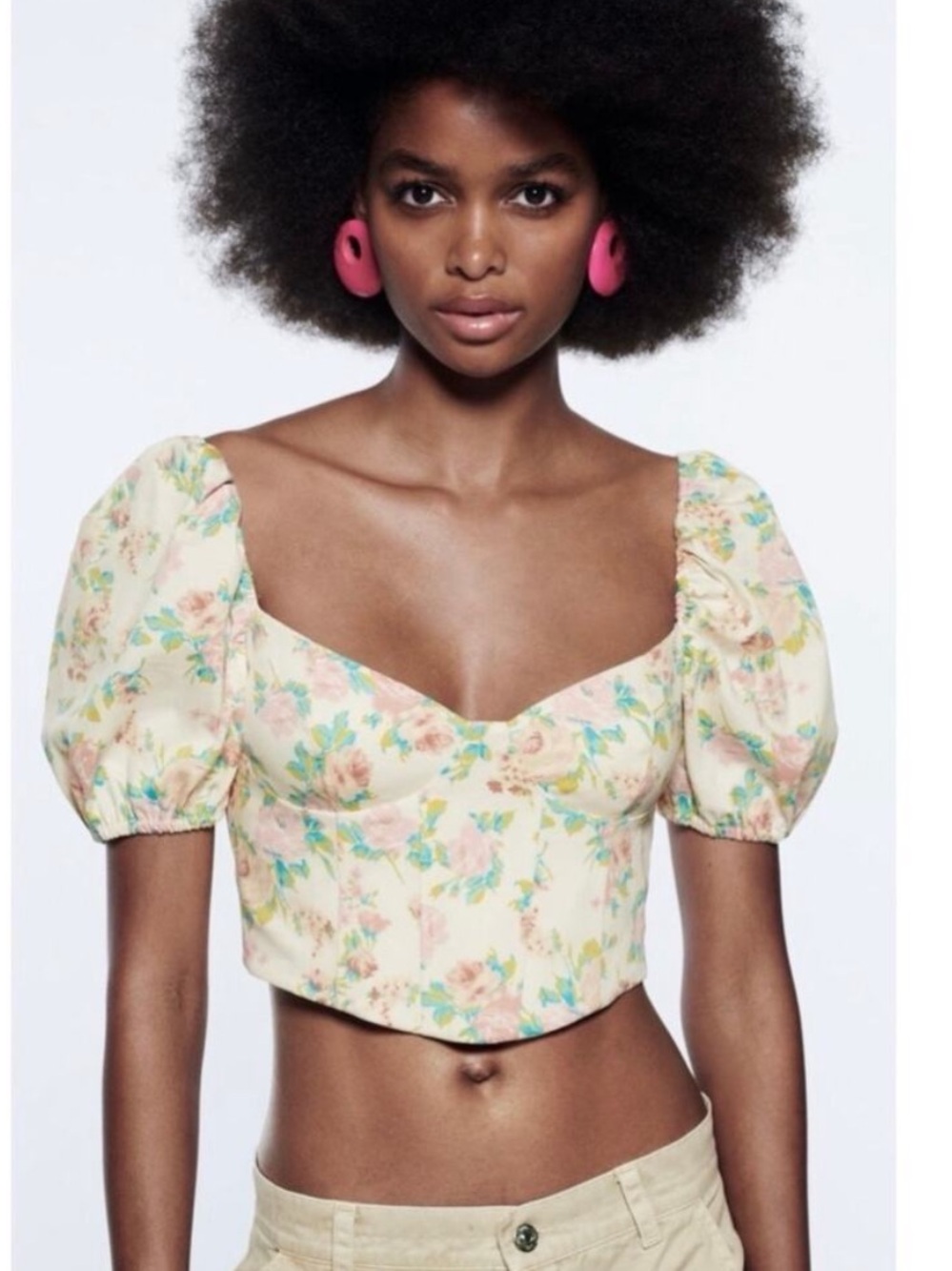 Zara Women’s Size S Floral Corset Crop Top Puff Sleeve Sweetheart Neckline NEW